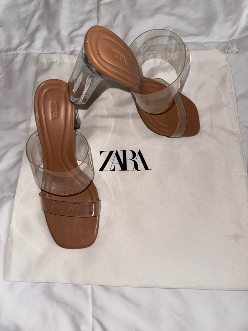ZARA Clear-Strap Tan Block Heel Sandals
